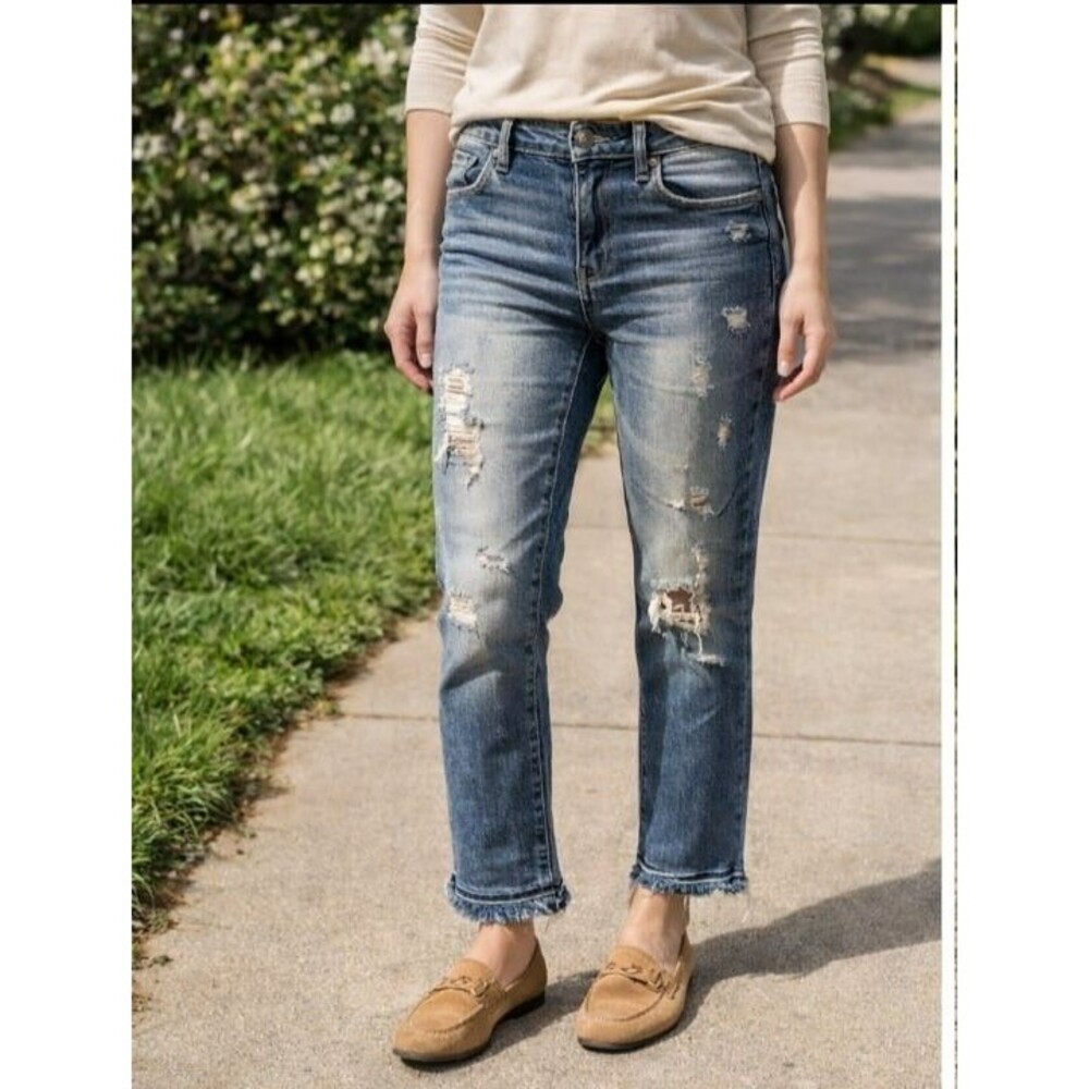 Judy Blue High Rise Distressed Straight Leg Jeans with Fray Hem Size 9/29